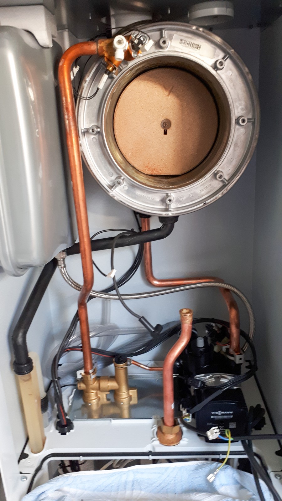 Open boiler showing the combustion chamber, pipework and internal components