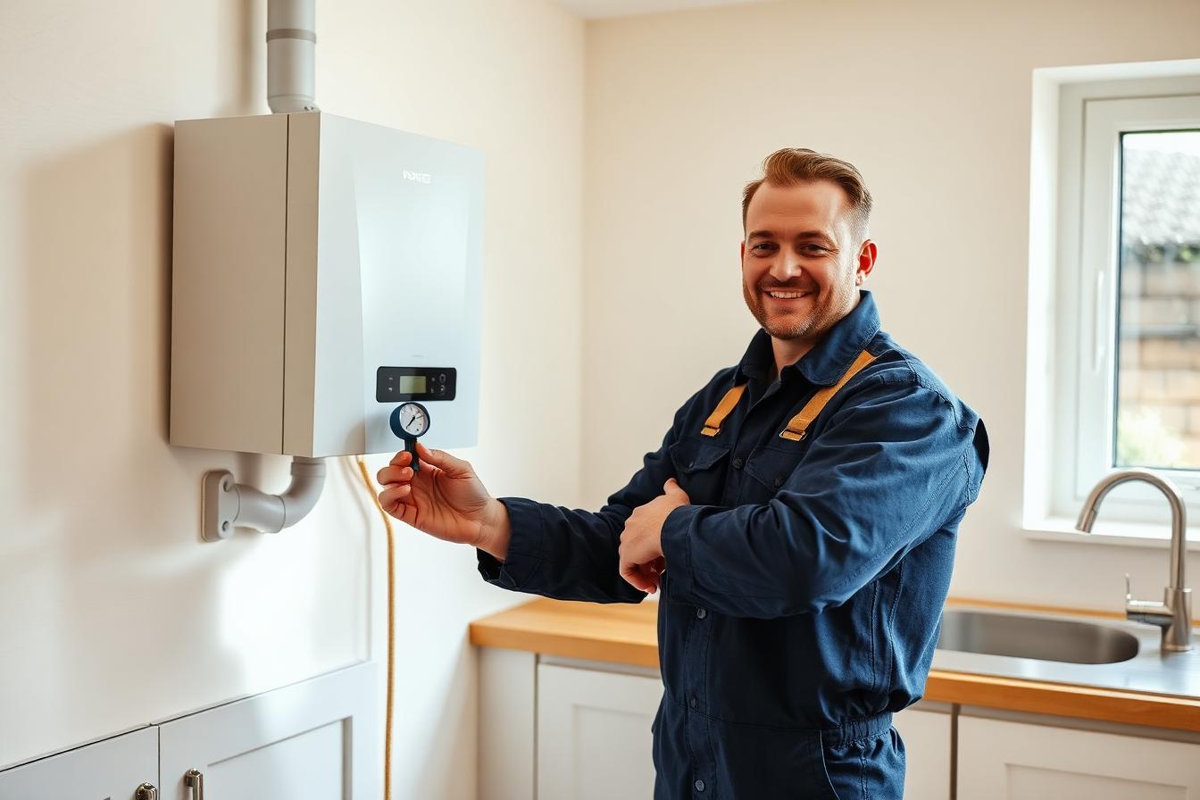 Gas Safe registered engineer checking boiler pressure in a bright kitchen